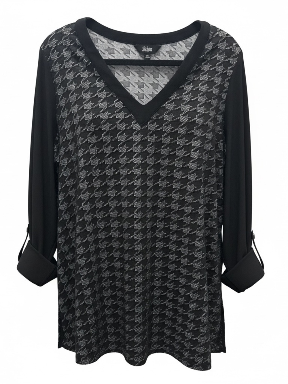 Black Houndstooth V-Neck Roll-Tab Sleeve Blouse